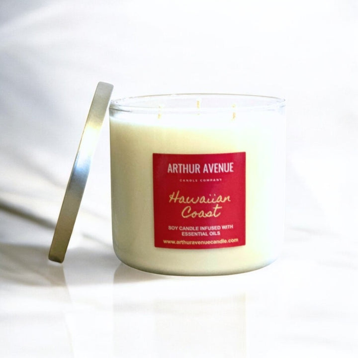 hawaiian coast soy 3-wick candle. Free from synthetic additves, dyes, phthalates, and petroleum. Organic cotton wicks.