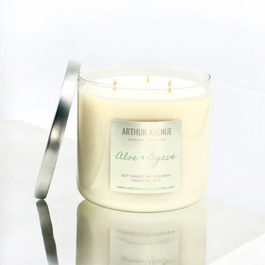 aloe and agave soy 3-wick candle. Organic cotton wicks. Free from synthetic additives, dyes, phthalates, and petroleum.