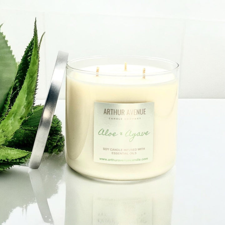 aloe agave soy 3-wick candle. Handcrafted with natural essential oils. Burns clean. Free of synthetic additives, dyes, paraffin, and phthalates. Organic cotton wicks.