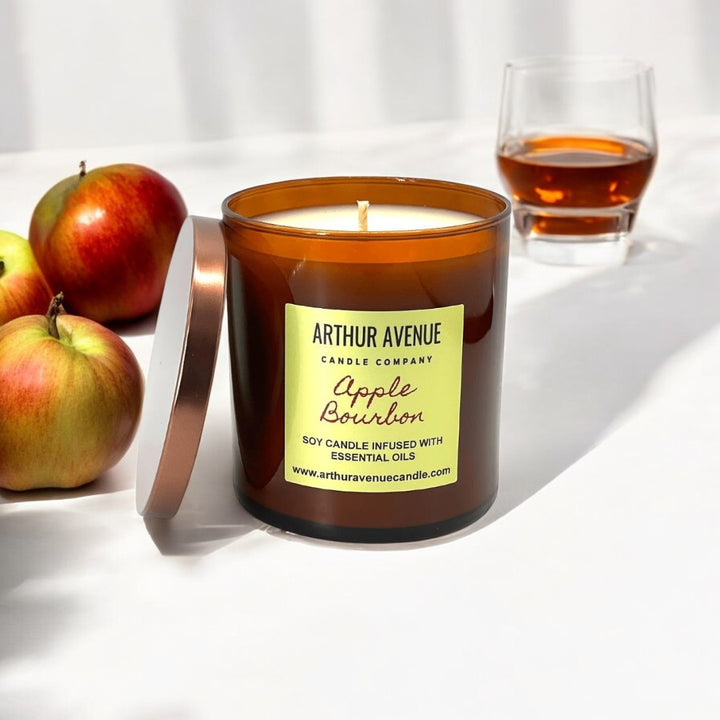 apple bourbon soy single wick candle. Free from synthetic additves, dyes, phthalates, and petroleum. Organic cotton wicks.