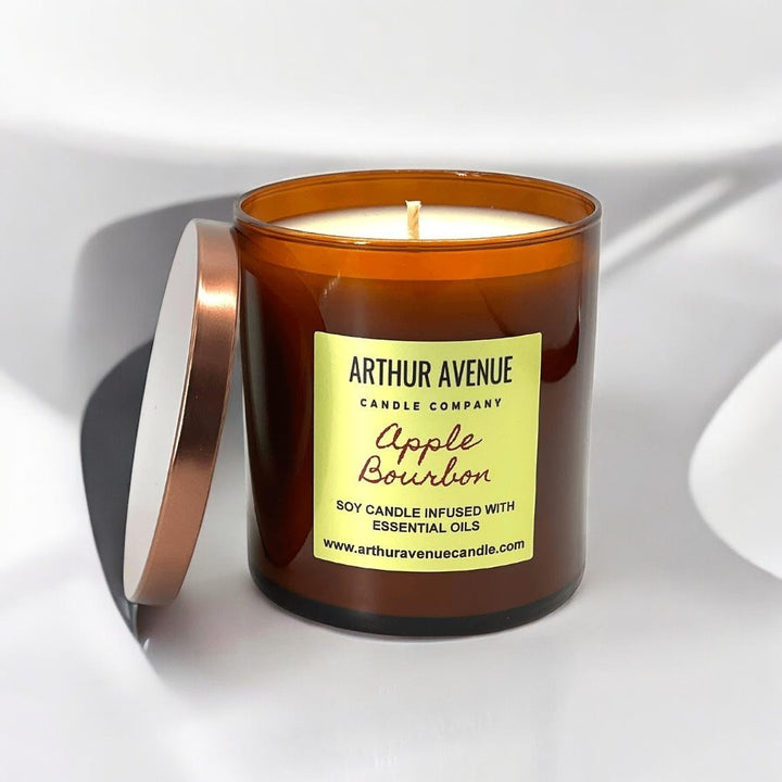 apple bourbon soy single wick candle. Free from synthetic additves, dyes, phthalates, and petroleum. Organic cotton wicks.