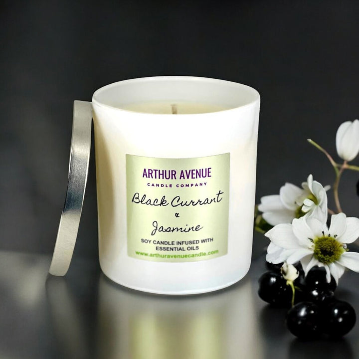 black currant jasmine soy single wick cadle, burns clean, organic cotton wicks