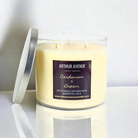 Cardamom cream 3-wick candle, soy, burns clean, organic cotton wicks. 