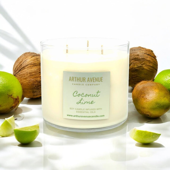 Coconut lime 3wick soy candle, burns clean, handcrafted with natural essential oils, organic cotton wicks