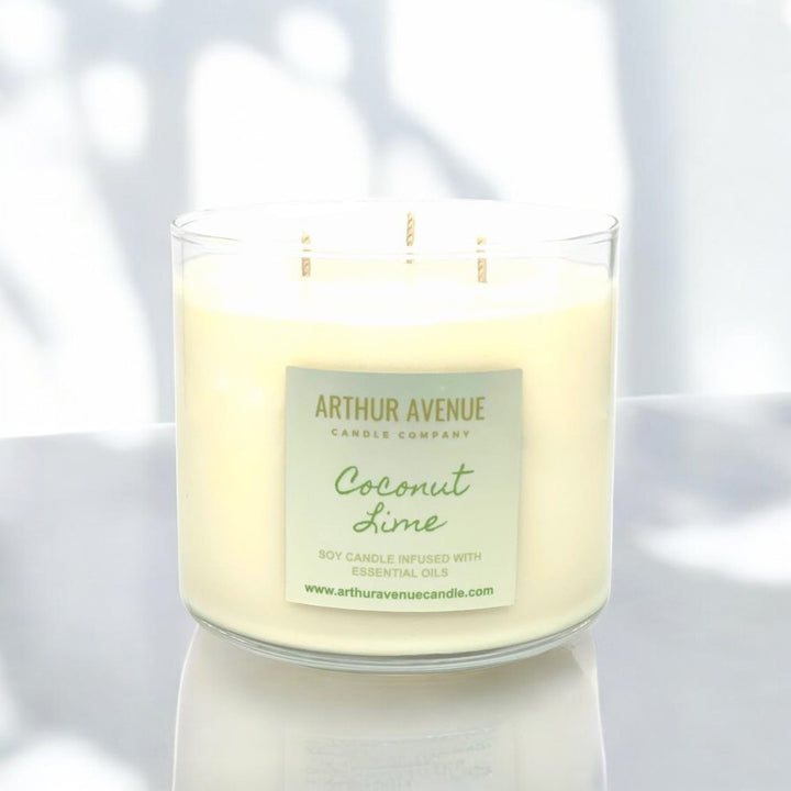 Coconut lime 3-wick soy candle, burns clean,  handcrafted with natural essential oils, organic cotton wicks