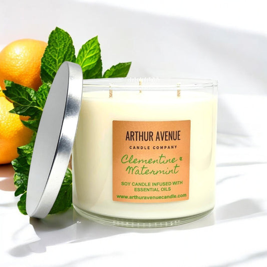 clementine watermint soy 3-wick candle. Free from synthetic additives, dyes, phthalates, and petroleum. Organic cotton wicks.