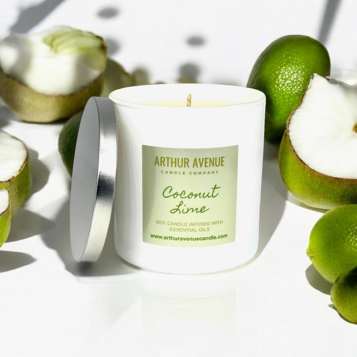 coconut lime soy single wick candle. Free from synthetic additives, dyes, phthalates, and petroleum. Organic cotton wick.