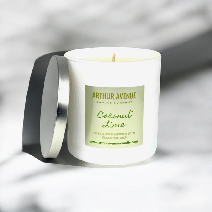 coconut lime soy single wick candle. Free from synthetic additves, dyes, phthalates, and petroleum. Organic cotton wick.