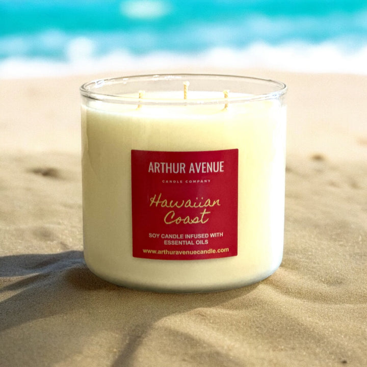 hawaiian coast soy 3-wick candle. Free from synthetic additives, dyes, phthalates, and petroleum. Organic cotton wicks.