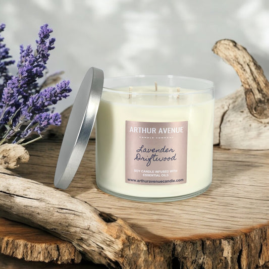 lavender driftwood soy 3 wick candle, hancrafted with natural essential oils.