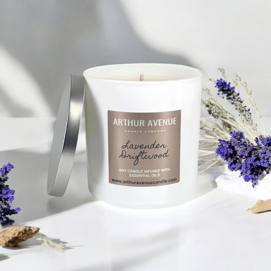 lavender driftwood soy single wick candle. Free from synthetic additves, dyes, phthalates, and petroleum. Organic cotton wick.