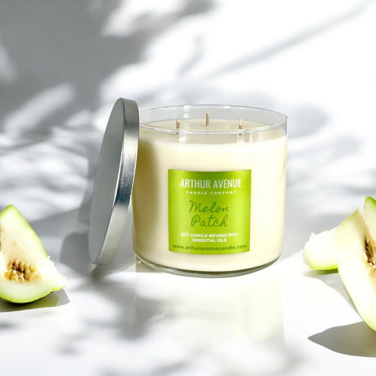 melon patch soy 3-wick candle. Free from synthetic additves, dyes, phthalates, and petroleum. Organic cotton wicks.