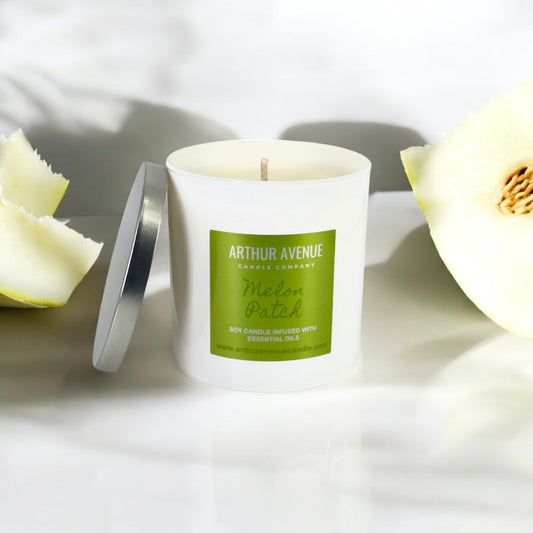 melon patch soy single wick candle. Handcrafted with natural essenatial oils. Free from synthetic additives, dyes, petroleum, and phthalates. Organic cotton wicks.