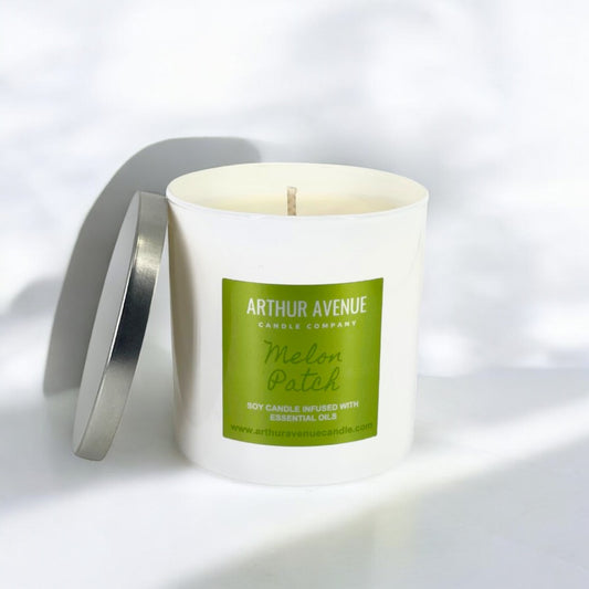 melon patch soy single wick candle. Free from synthetic additves, dyes, phthalates, and petroleum. Organic cotton wicks.