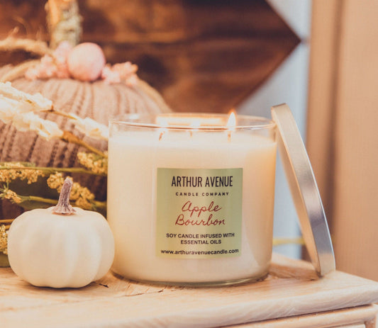 Apple Bourbon 3-Wick candle, hancrafted with natural essential oils, burns clean, organic cotton wicks. Free of synthetic dyes, phthalates, synthetic additives, and petroleum.