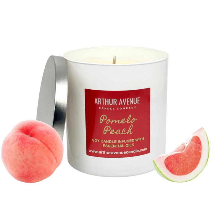 pomelo peach soy single wick candle. Free from synthetic additives, dyes, phthalates, and petroleum. Organic cotton wicks.