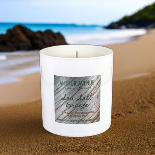 sea salt breeze soy single wick candle. Free from synthetic additives, dyes, phthalates, and petroleum. Organic cotton wicks.