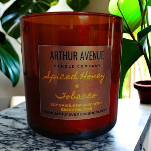 spiced honey tobacco soy single wick candle. Free from synthetic additives, dyes, phthalates, and petroleum. Organic cotton wicks.